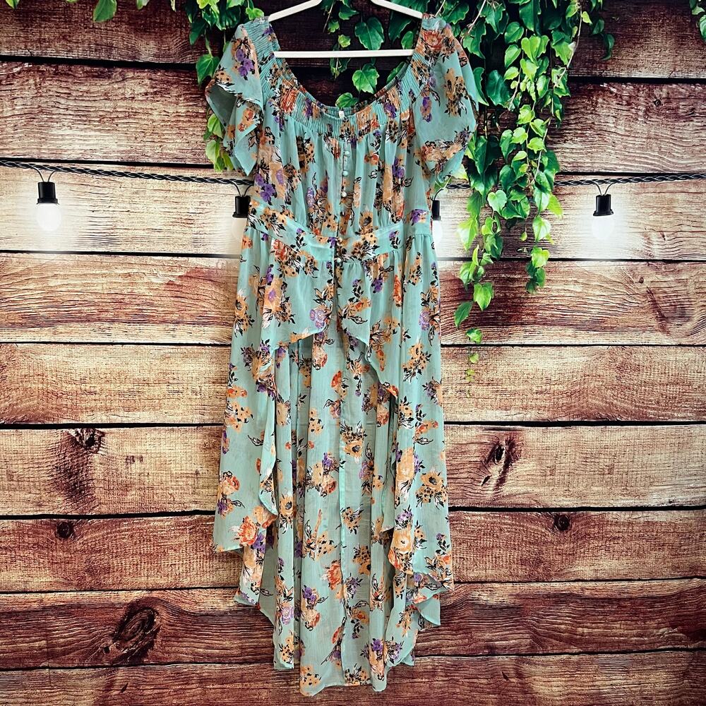 Boutique Maxi Dress Sz 1X Floral High Low Sheer Floral Boho Ruffle Short Sleeve